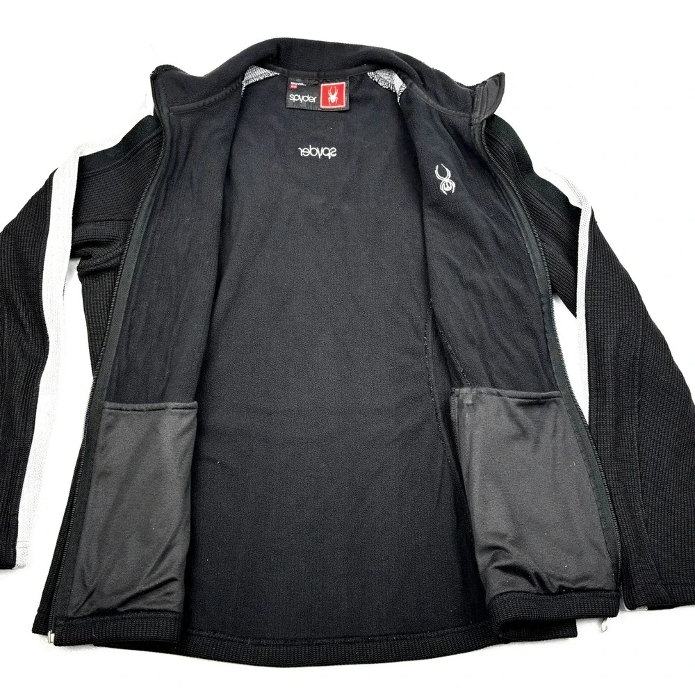 Spyder Fleece Jacket Womens XL Black Silver Stripe Full Zip Ski Mid Layer 0044